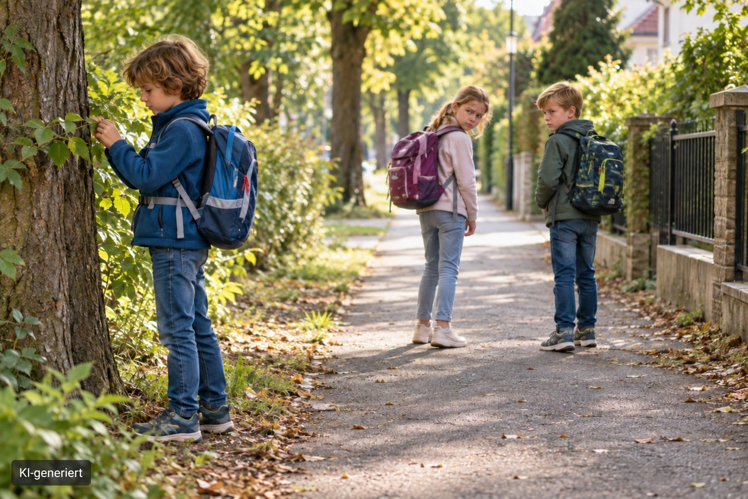 Drei Grundschulkinder auf einem gemeinsamen Schulweg